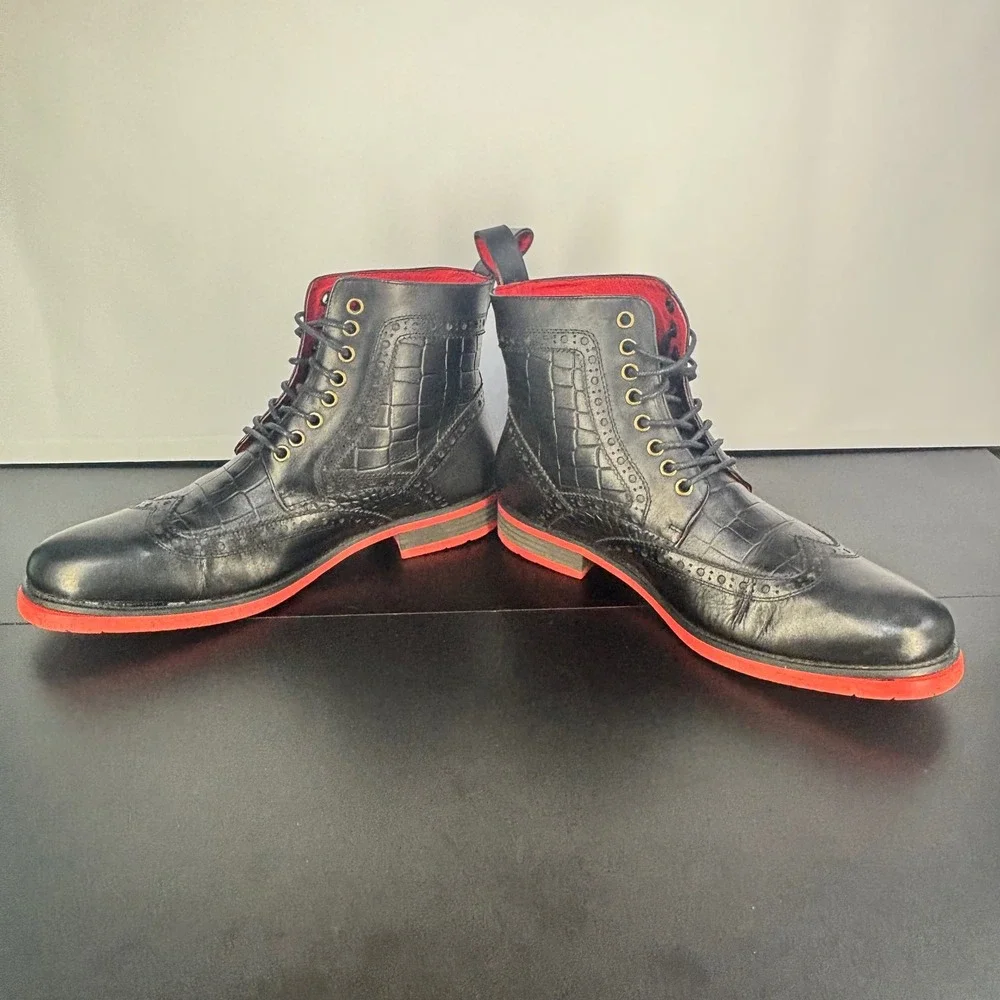 Marc Nolan Black Ankle Boots Moto Croc Embossed Leather Red Sole Grunge Mens 7